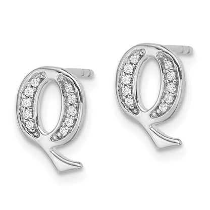 Solid 14k White Gold Simulated CZ Initial Q Earrings