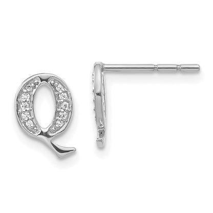 Solid 14k White Gold Simulated CZ Initial Q Earrings