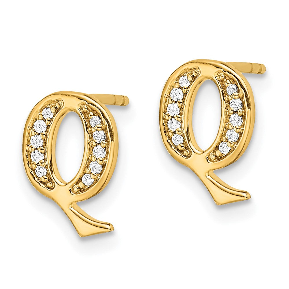 Solid 14k Yellow Gold Simulated CZ Initial Q Earrings