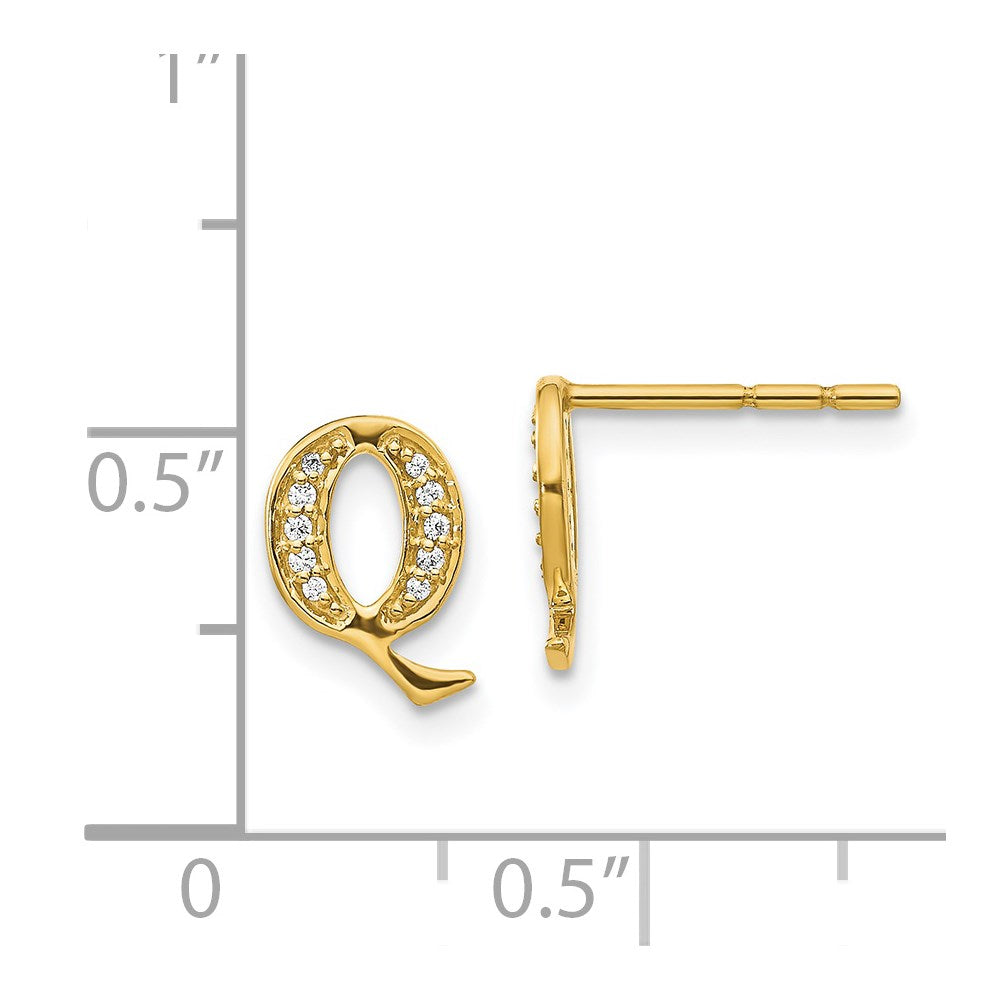 Solid 14k Yellow Gold Simulated CZ Initial Q Earrings
