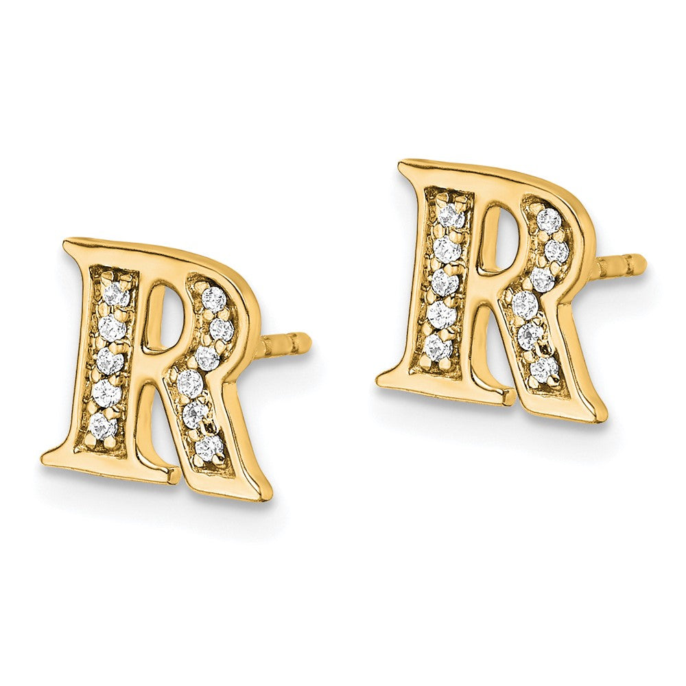 Solid 14k Yellow Gold Simulated CZ Initial R Earrings