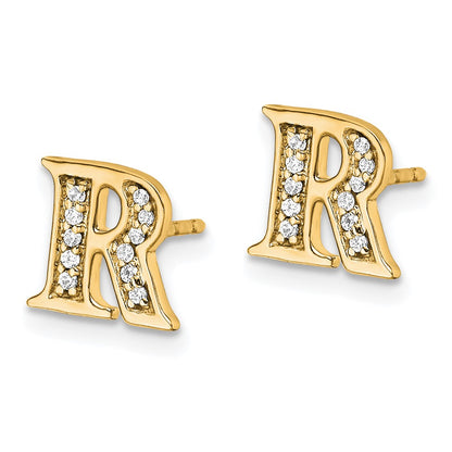 Solid 14k Yellow Gold Simulated CZ Initial R Earrings