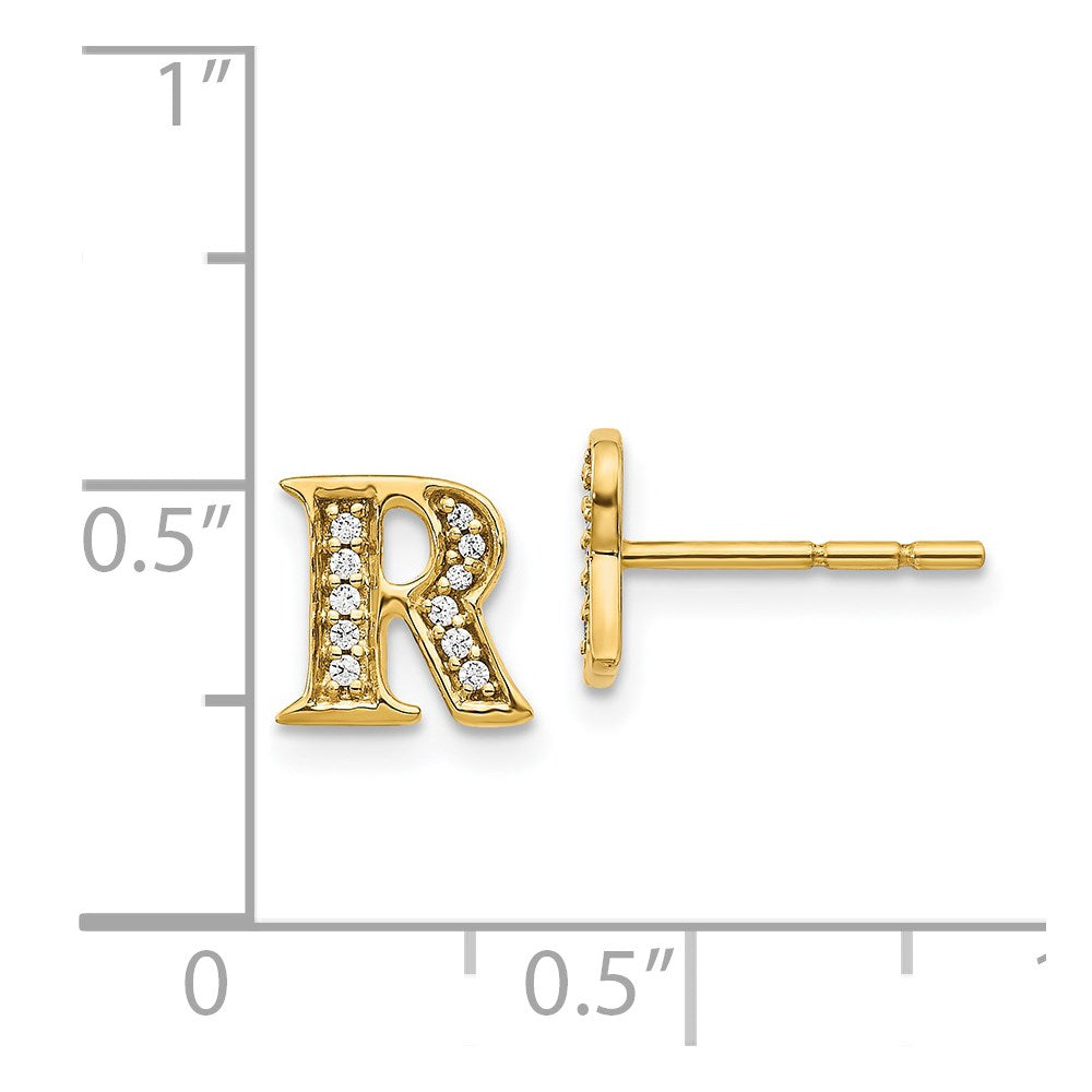 Solid 14k Yellow Gold Simulated CZ Initial R Earrings