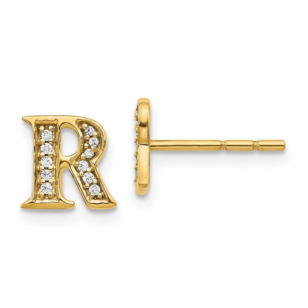 Solid 14k Yellow Gold Simulated CZ Initial R Earrings