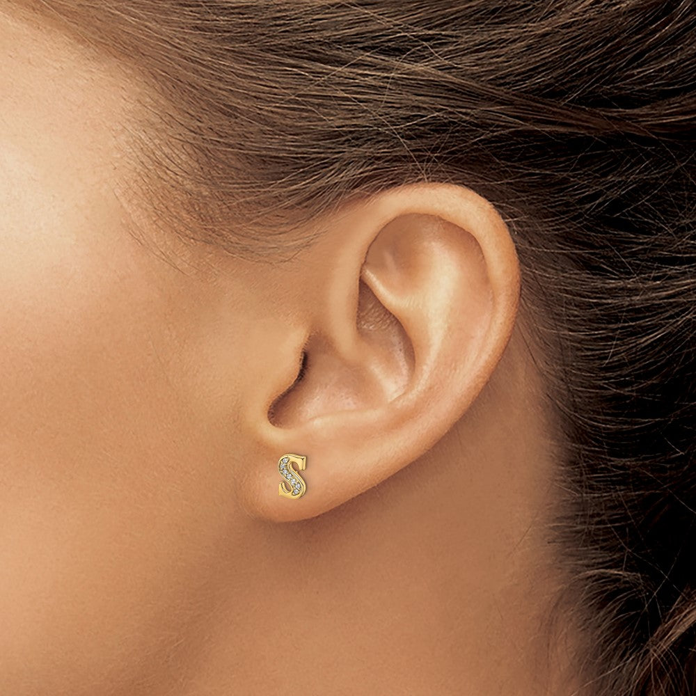 Solid 14k Yellow Gold Simulated CZ Initial S Earrings