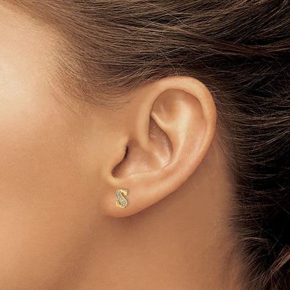 Solid 14k Yellow Gold Simulated CZ Initial S Earrings