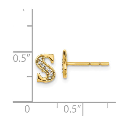 Solid 14k Yellow Gold Simulated CZ Initial S Earrings