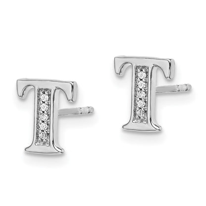 Solid 14k White Gold Simulated CZ Initial T Earrings