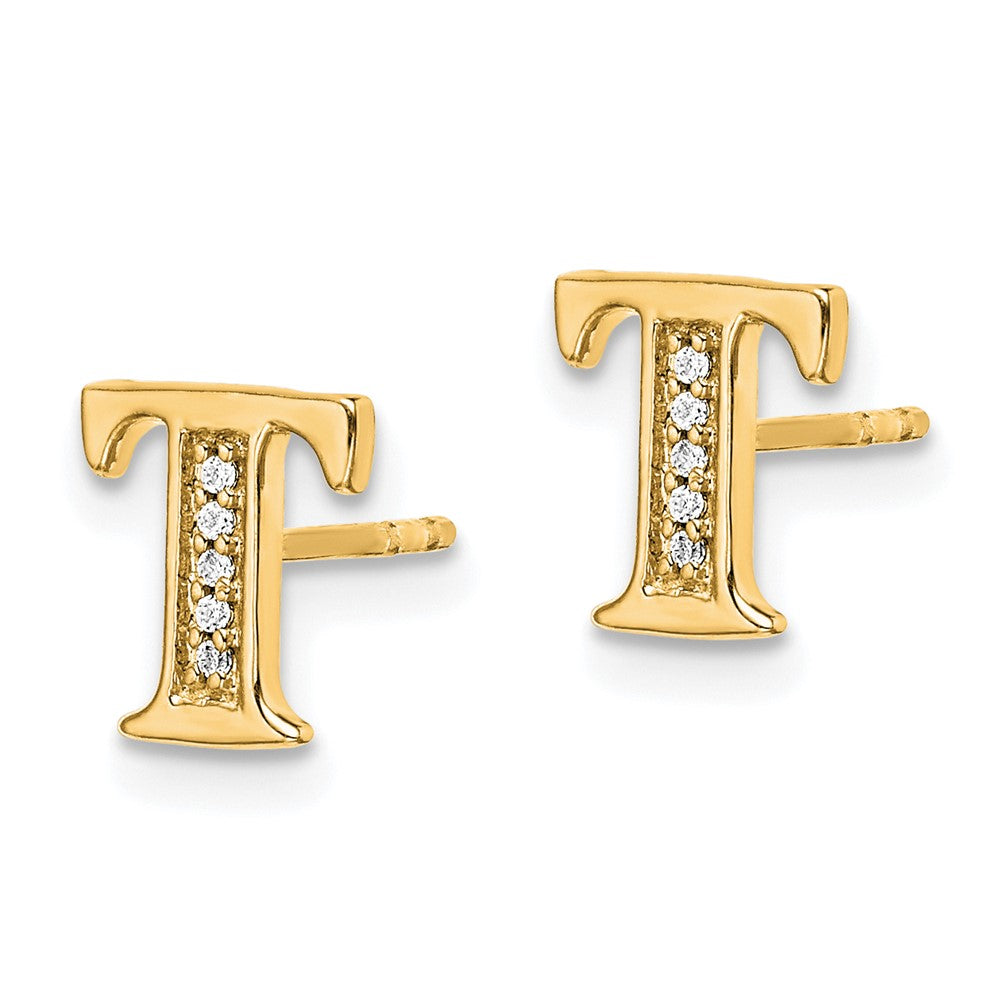 Solid 14k Yellow Gold Simulated CZ Initial T Earrings