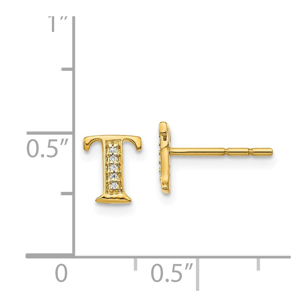 Solid 14k Yellow Gold Simulated CZ Initial T Earrings