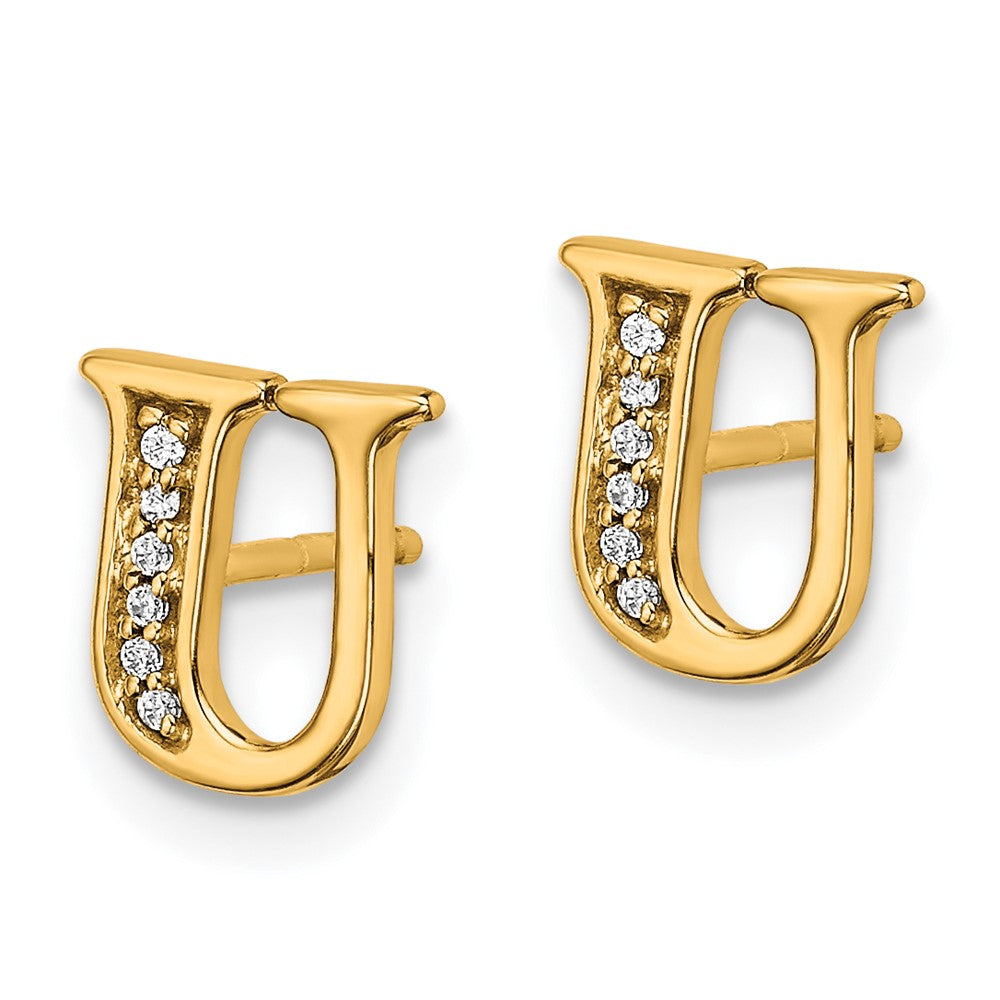 Solid 14k Yellow Gold Simulated CZ Initial U Earrings