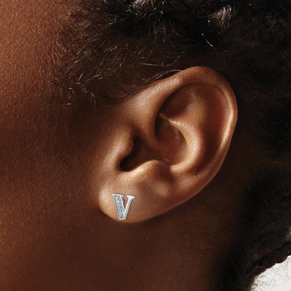 Solid 14k White Gold Simulated CZ Initial V Earrings