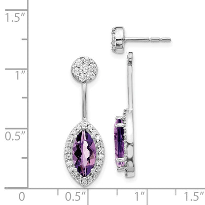 Solid 14k White Gold Simulated CZ Simulated/Marquise Amethyst Front/BacK Earrings