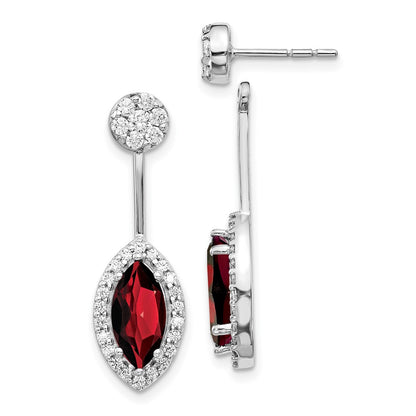 Solid 14k White Gold Simulated CZ Simulated/Marquise Garnet Front/BacK Earrings