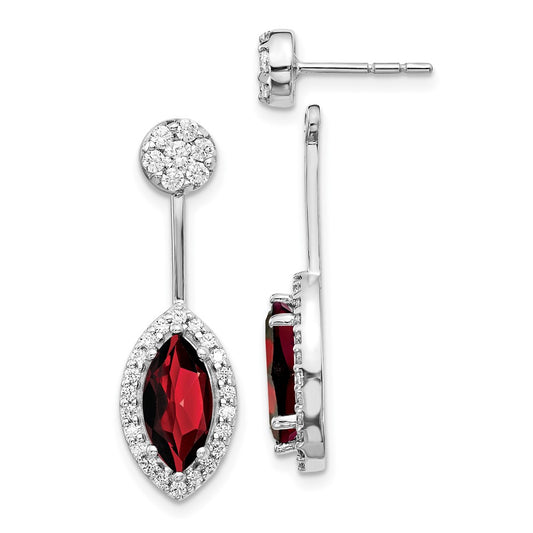 Solid 14k White Gold Simulated CZ Simulated/Marquise Garnet Front/BacK Earrings