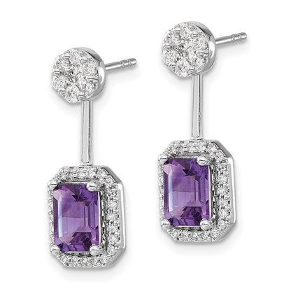 Solid 14k White Gold Simulated CZ Simulated/Simulated Amethyst Front/BacK Earrings