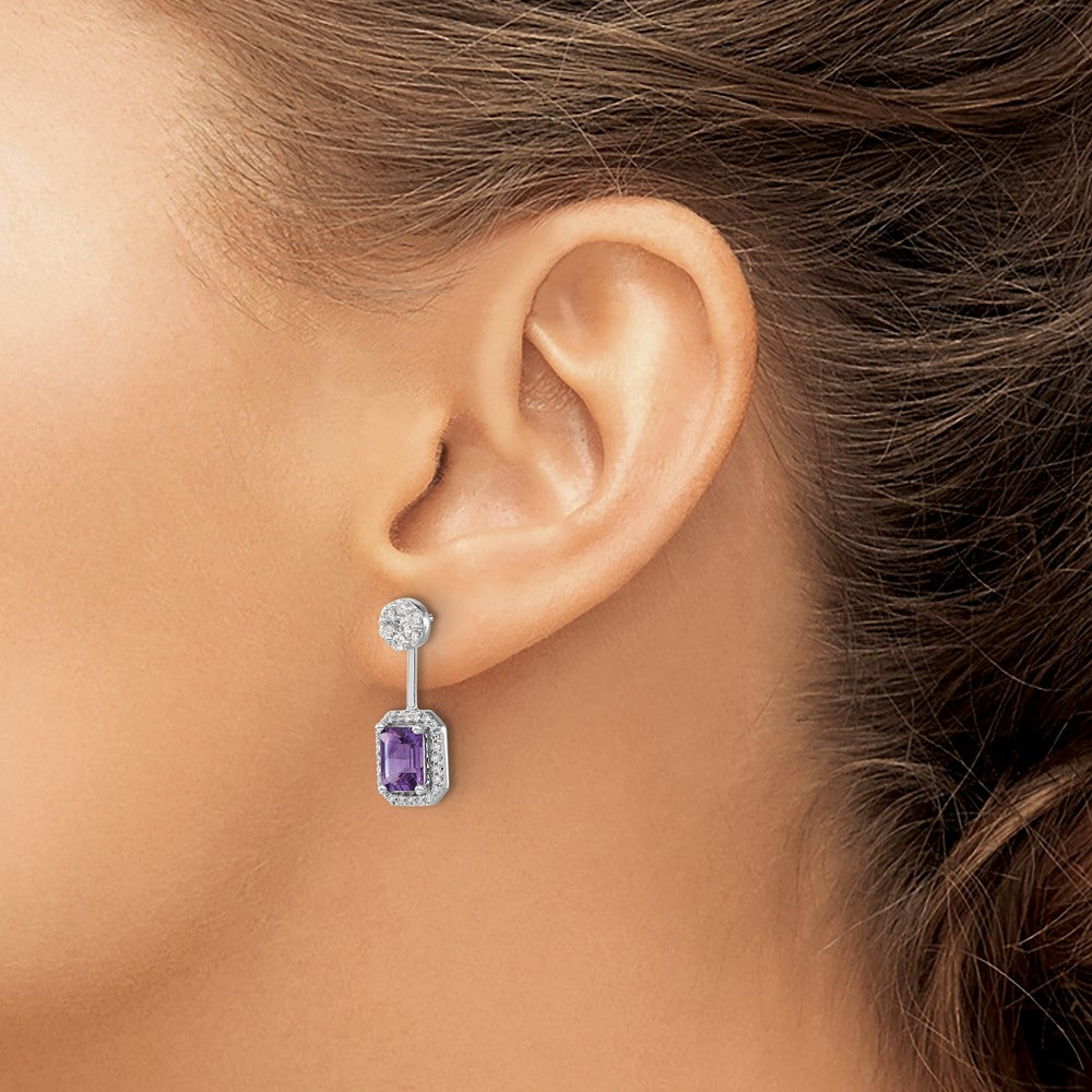 Solid 14k White Gold Simulated CZ Simulated/Simulated Amethyst Front/BacK Earrings