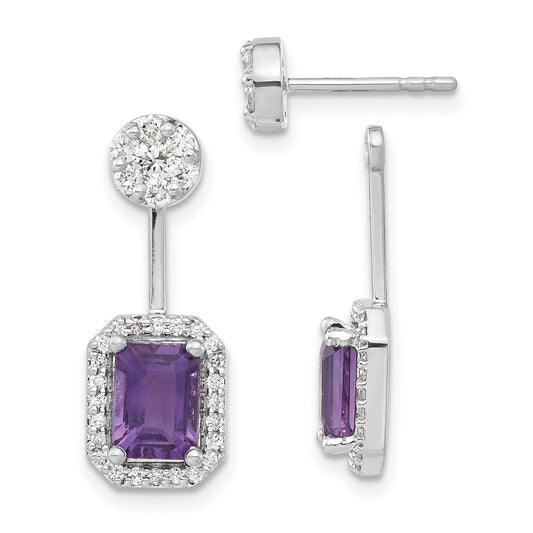 Solid 14k White Gold Simulated CZ Simulated/Simulated Amethyst Front/BacK Earrings