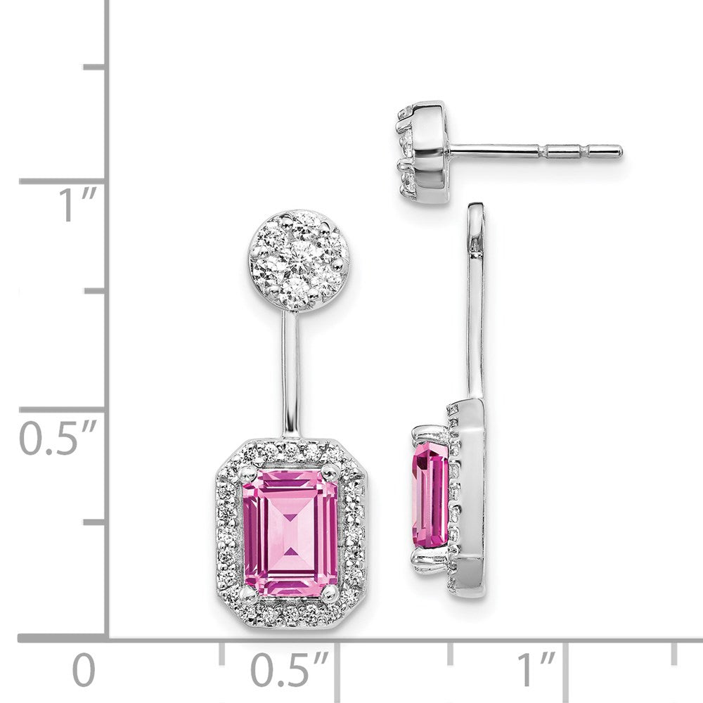 Solid 14k White Gold Simulated CZ Simulated/Created PinK Sapph. Front/BacK Earrings