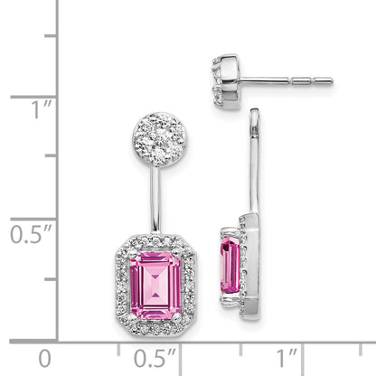 Solid 14k White Gold Simulated CZ Simulated/Created PinK Sapph. Front/BacK Earrings