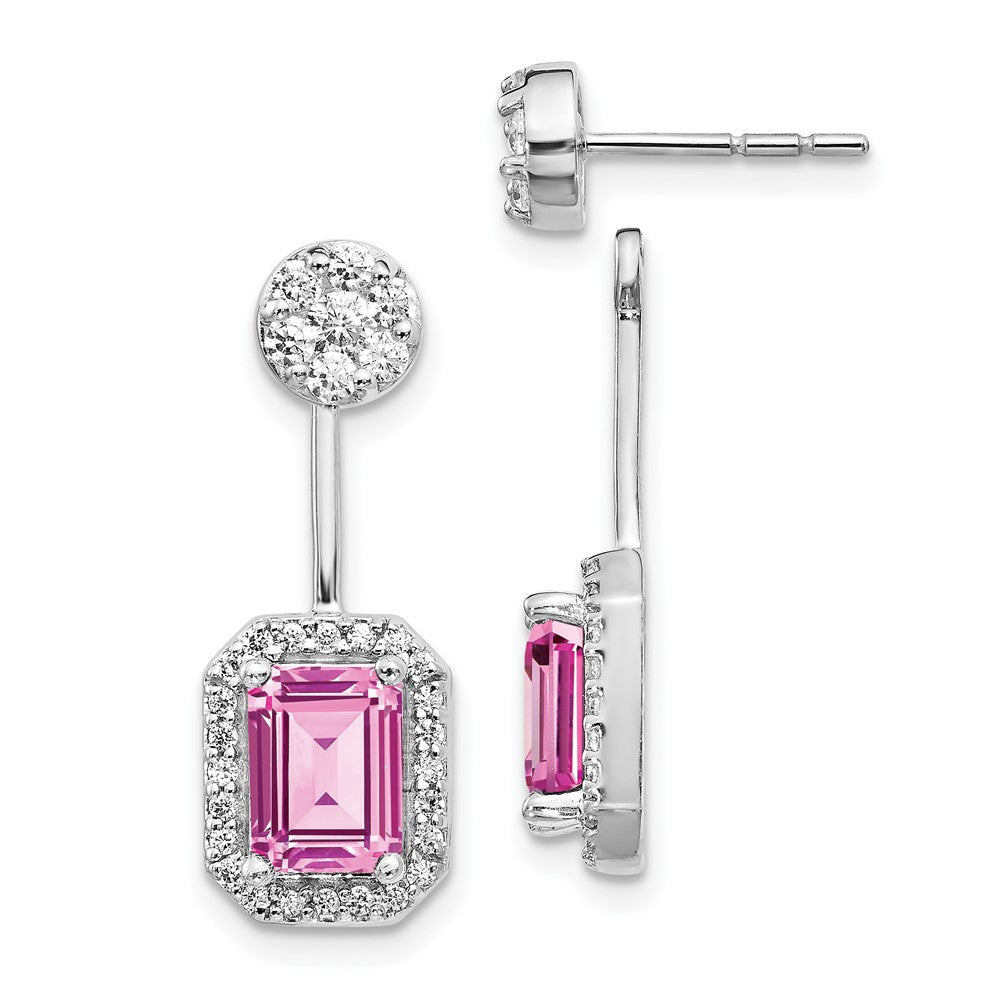 Solid 14k White Gold Simulated CZ Simulated/Created PinK Sapph. Front/BacK Earrings