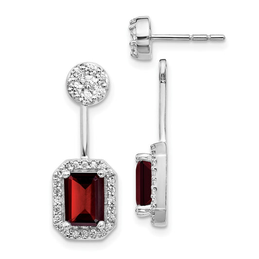 Solid 14k White Gold Simulated CZ Simulated/Simulated Garnet Front/BacK Earrings
