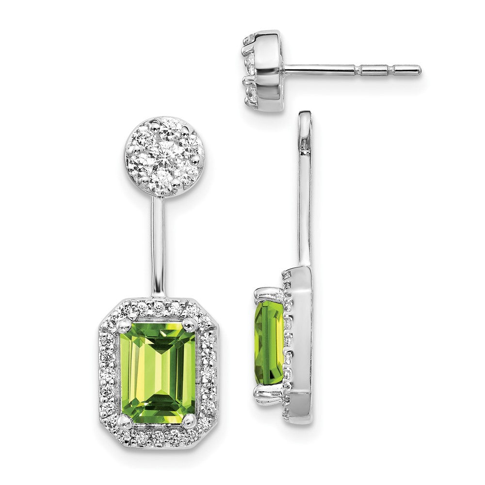 Solid 14k White Gold Simulated CZ Simulated/Simulated Peridot Front/BacK Earrings
