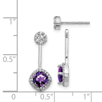 Solid 14k White Gold Simulated CZ Simulated/Simulated Amethyst Front/BacK Earrings