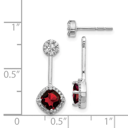 Solid 14k White Gold Simulated CZ Simulated/Simulated Garnet Front/BacK Earrings