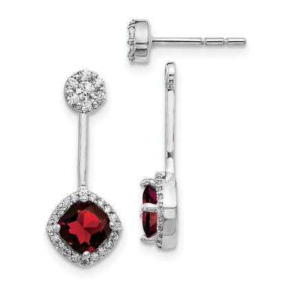 Solid 14k White Gold Simulated CZ Simulated/Simulated Garnet Front/BacK Earrings