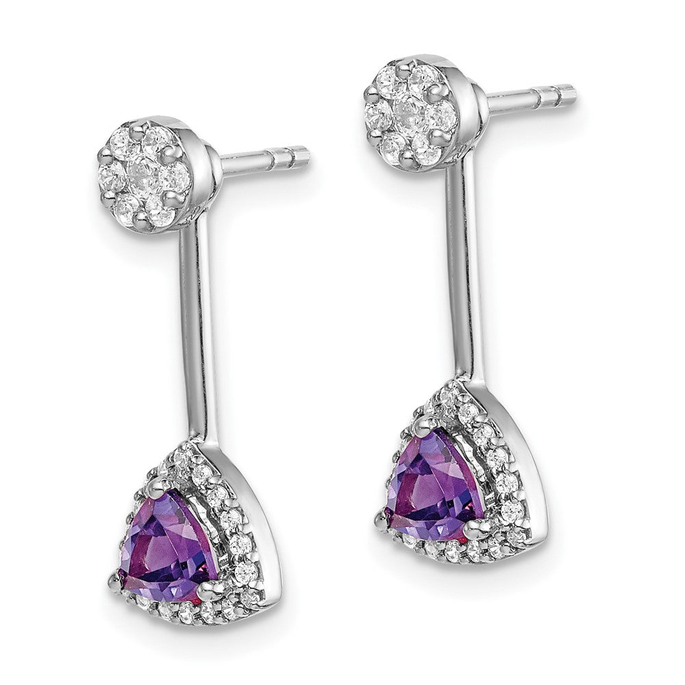Solid 14k White Gold Simulated CZ Simulated/Trillion Amethyst Front/BacK Earrings