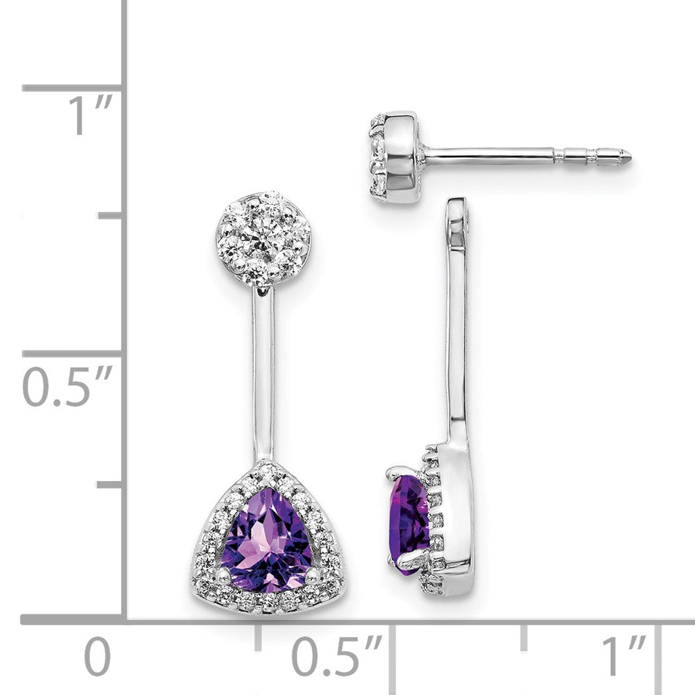 Solid 14k White Gold Simulated CZ Simulated/Trillion Amethyst Front/BacK Earrings