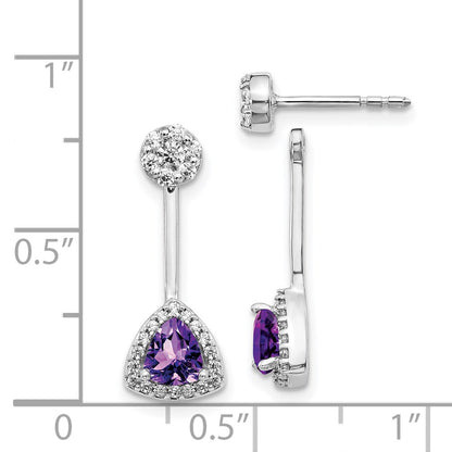 Solid 14k White Gold Simulated CZ Simulated/Trillion Amethyst Front/BacK Earrings
