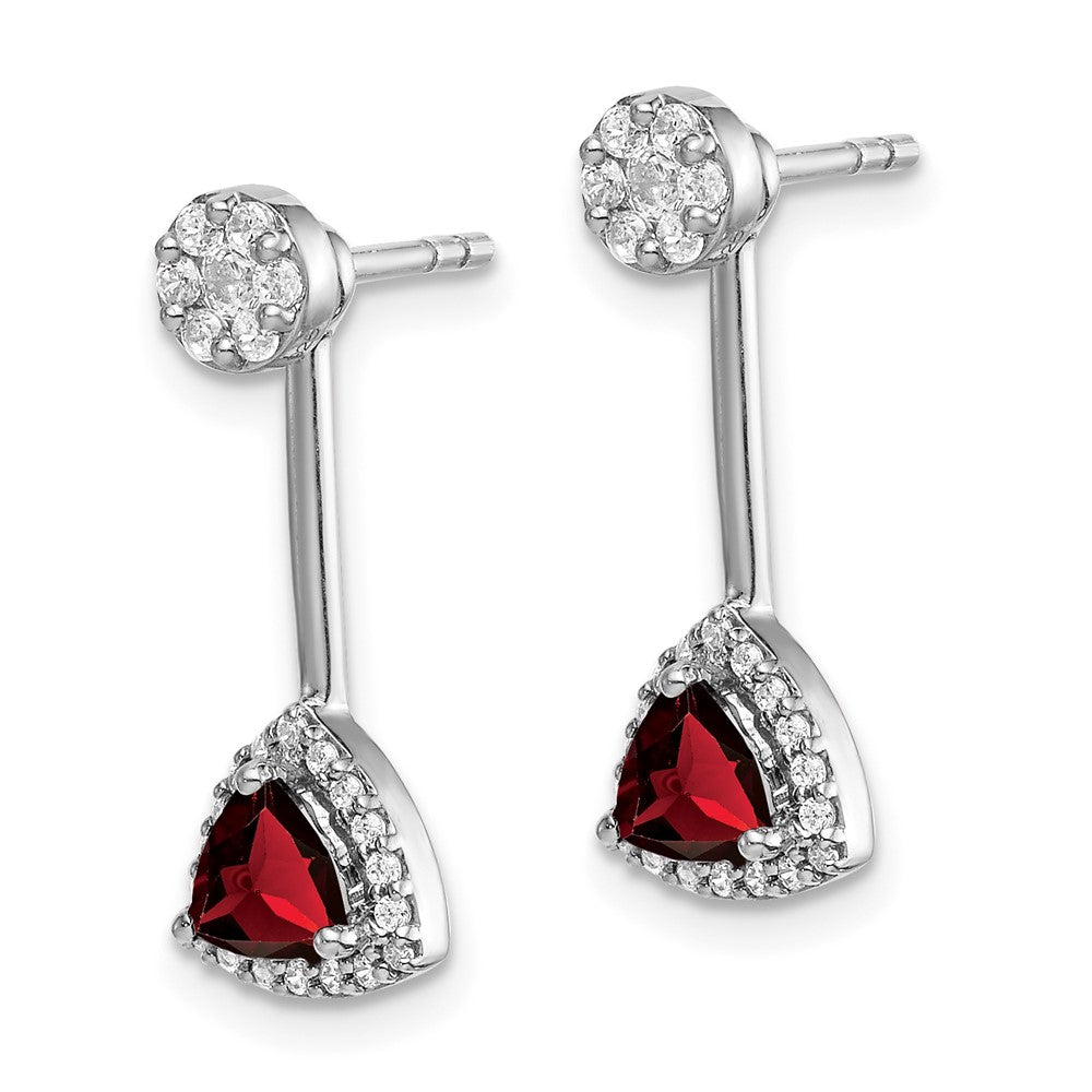 Solid 14k White Gold Simulated CZ Simulated/Trillion Garnet Front/BacK Earrings