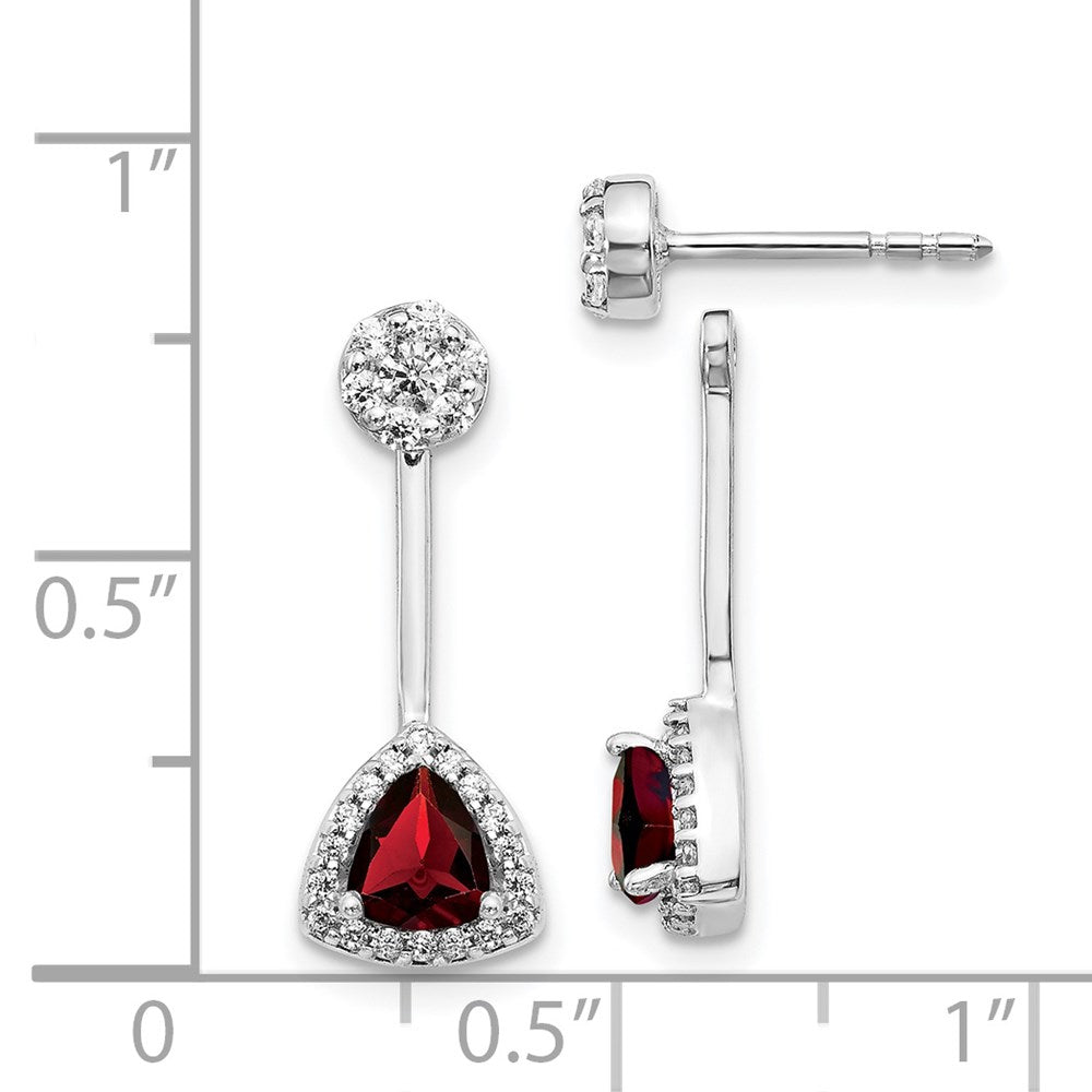 Solid 14k White Gold Simulated CZ Simulated/Trillion Garnet Front/BacK Earrings