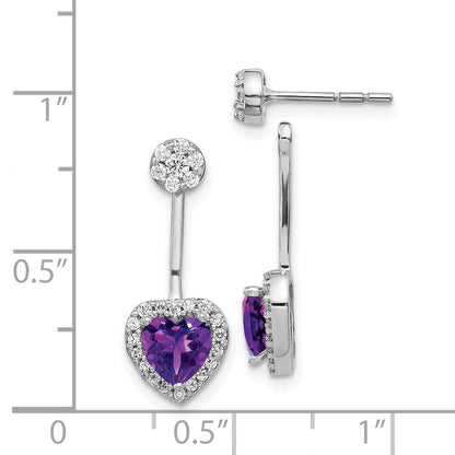 Solid 14k White Gold Simulated CZ Simulated/Heart Amethyst Front/BacK Earrings