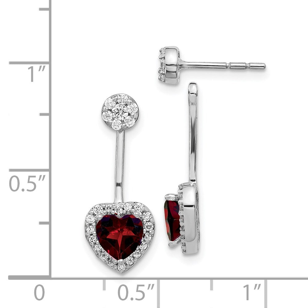 Solid 14k White Gold Simulated CZ Simulated/Heart Garnet Front/BacK Earrings