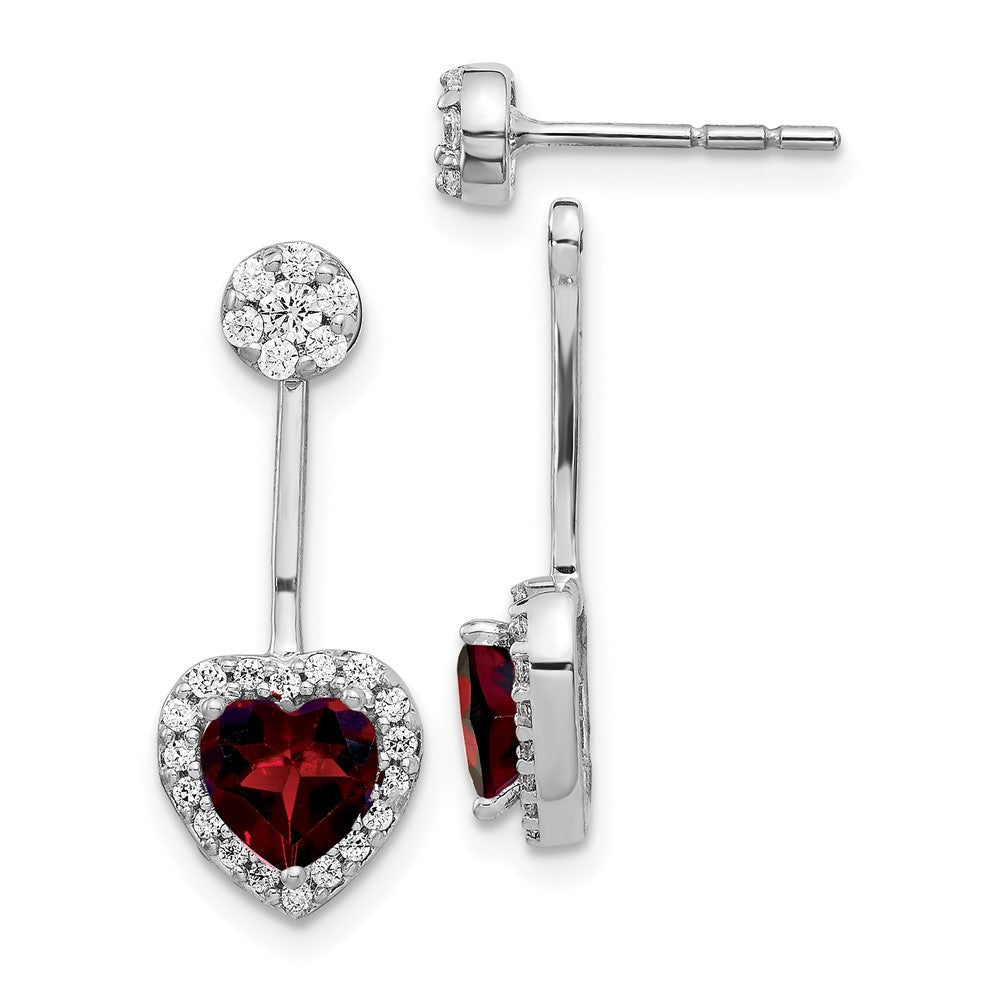 Solid 14k White Gold Simulated CZ Simulated/Heart Garnet Front/BacK Earrings