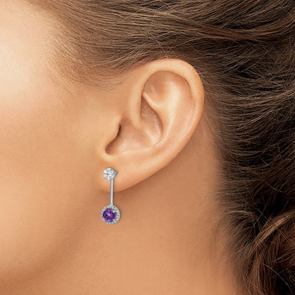 Solid 14k White Gold Simulated CZ Simulated/Simulated Amethyst Front/BacK Earrings