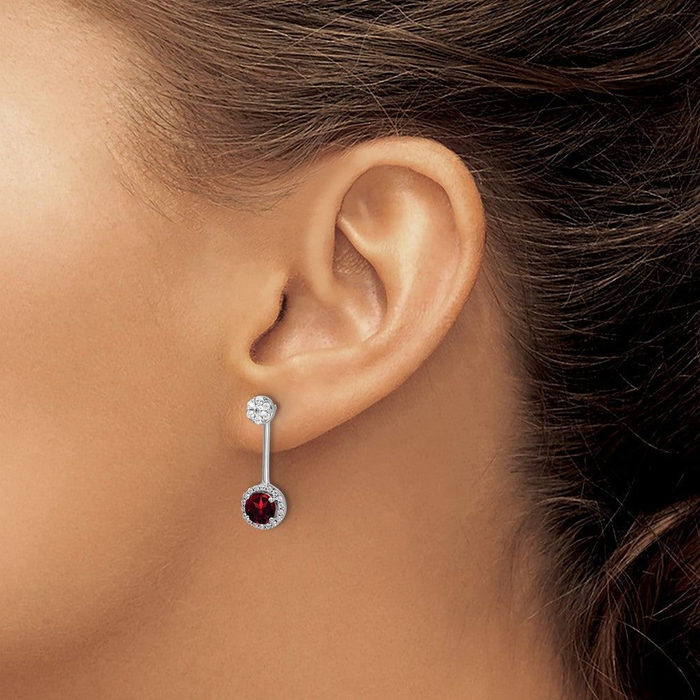 Solid 14k White Gold Simulated CZ Simulated/Simulated Garnet Front/BacK Earrings