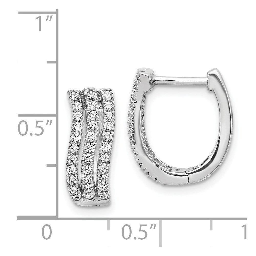 Solid 14k White Gold 3-row Simulated CZ Hinged Hoop Earrings