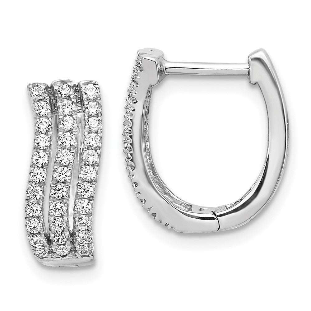 Solid 14k White Gold 3-row Simulated CZ Hinged Hoop Earrings