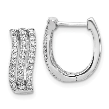 Solid 14k White Gold 3-row Simulated CZ Hinged Hoop Earrings
