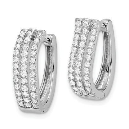 Solid 14k White Gold 3-row Simulated CZ Hinged Hoop Earrings