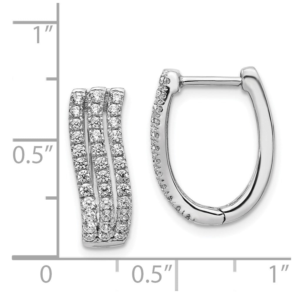 Solid 14k White Gold 3-row Simulated CZ Hinged Hoop Earrings
