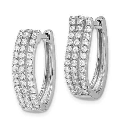 Solid 14k White Gold 3-row Simulated CZ Hinged Hoop Earrings