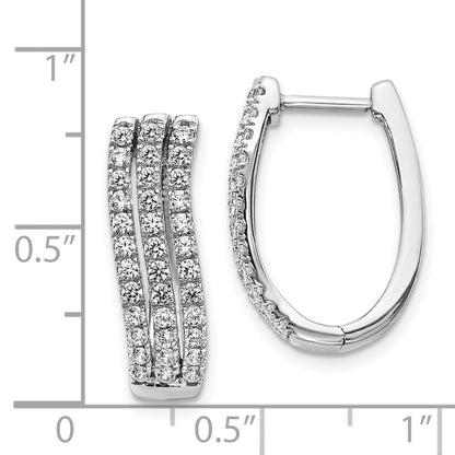 Solid 14k White Gold 3-row Simulated CZ Hinged Hoop Earrings