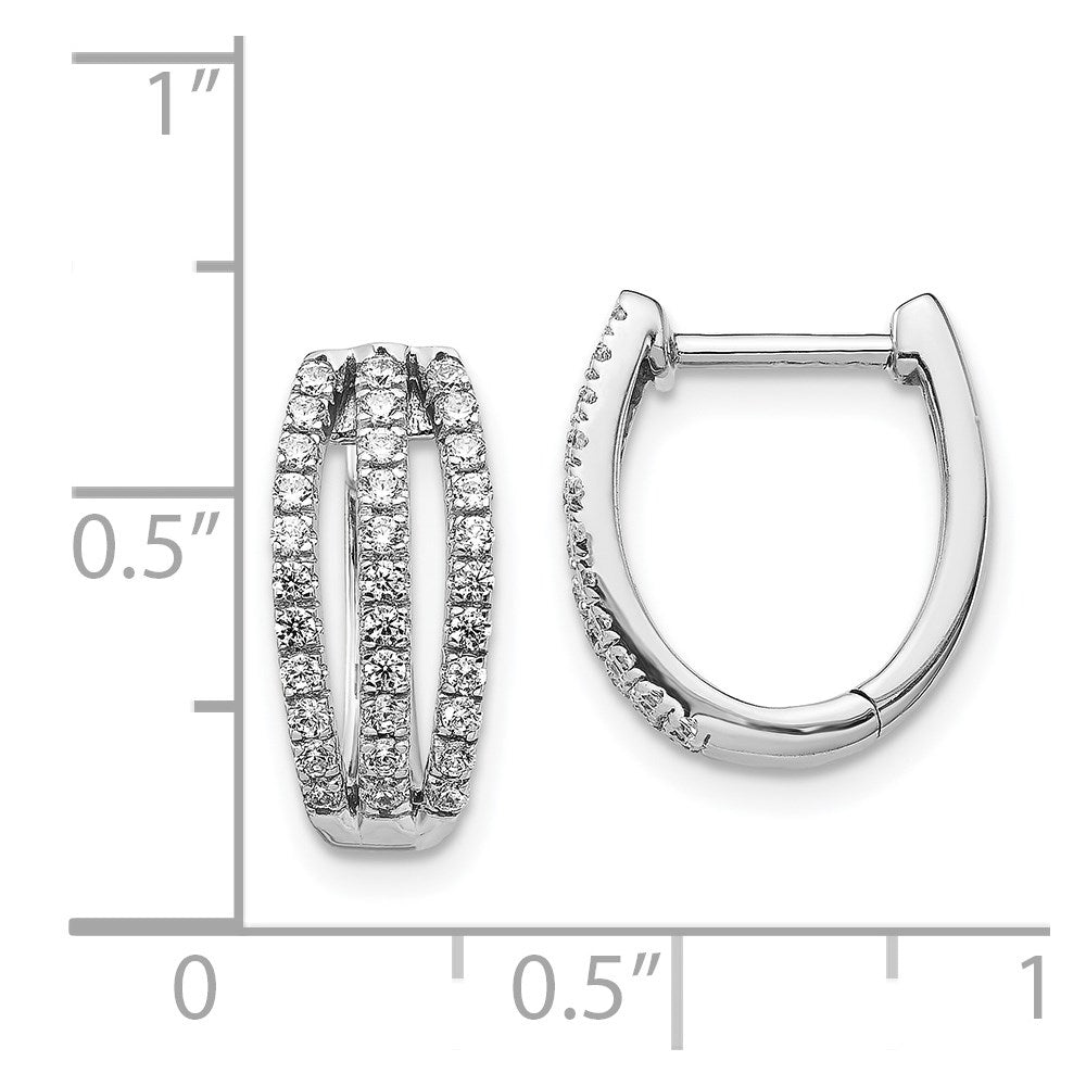 Solid 14k White Gold 3-row Simulated CZ Hinged Hoop Earrings
