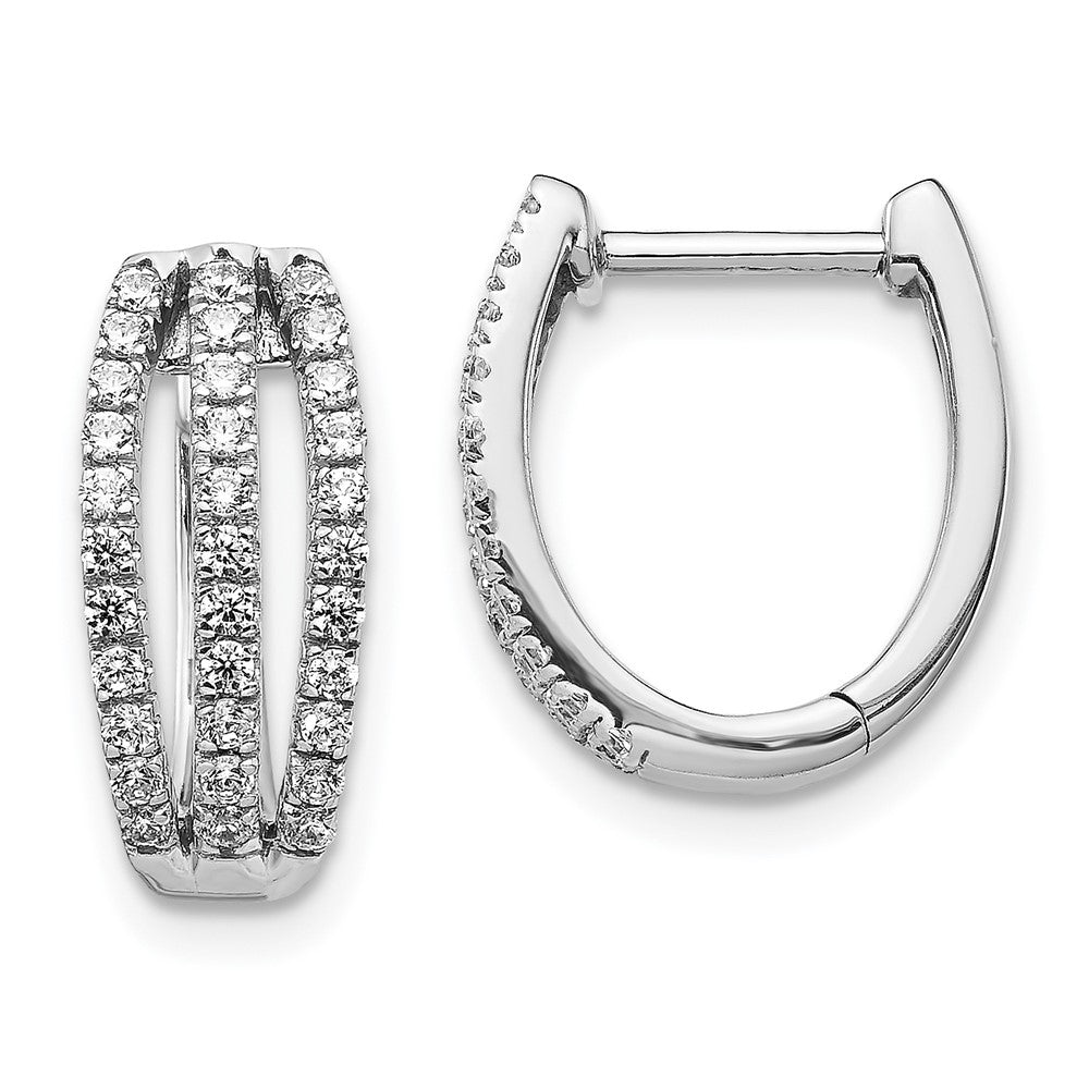 Solid 14k White Gold 3-row Simulated CZ Hinged Hoop Earrings