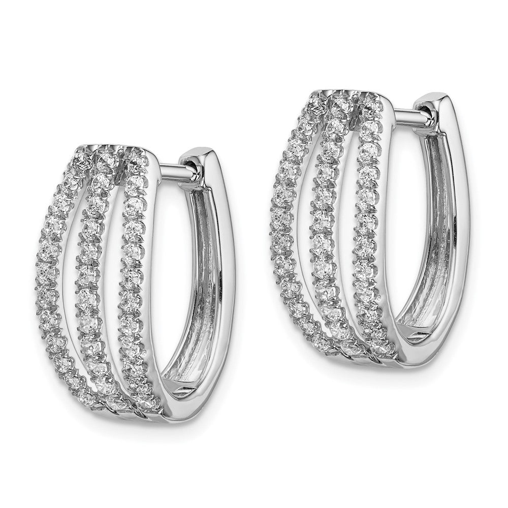 Solid 14k White Gold 3-row Simulated CZ Hinged Hoop Earrings